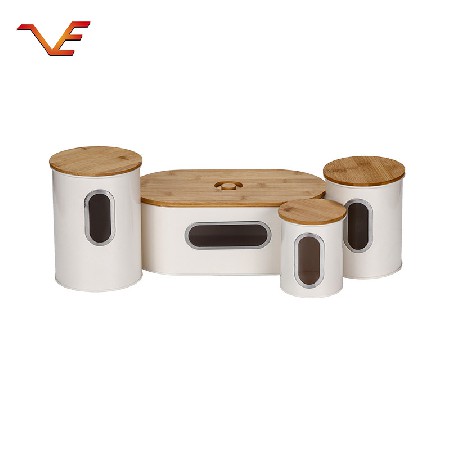 Factory direct selling fashionable simple white round storage tank windowed wooden cap storage tank iron can set